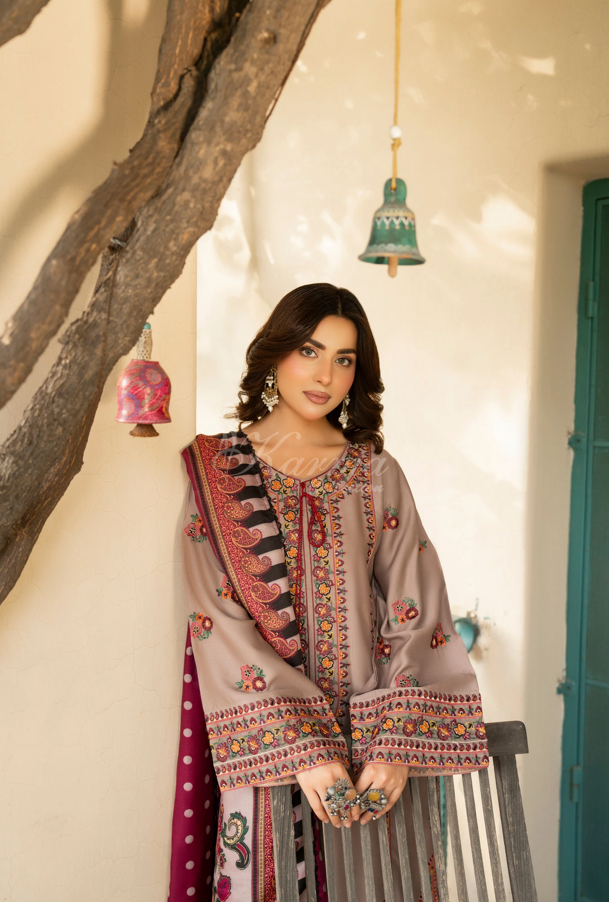 Karma Collection Winter Luxury Edition 3 Piece Embroidered Kotrai NUDE BROWN Shirt withDupatta & Shalwar for Elegant Outfits KC-1527