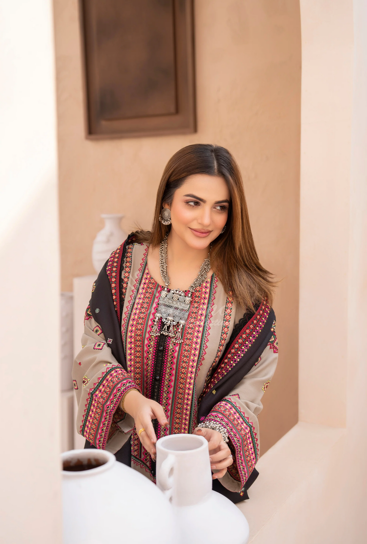 Winter Luxury 3 Piece Embroidered Mishaal Karma CollectionLIGHT OAT SKU:KC-1533