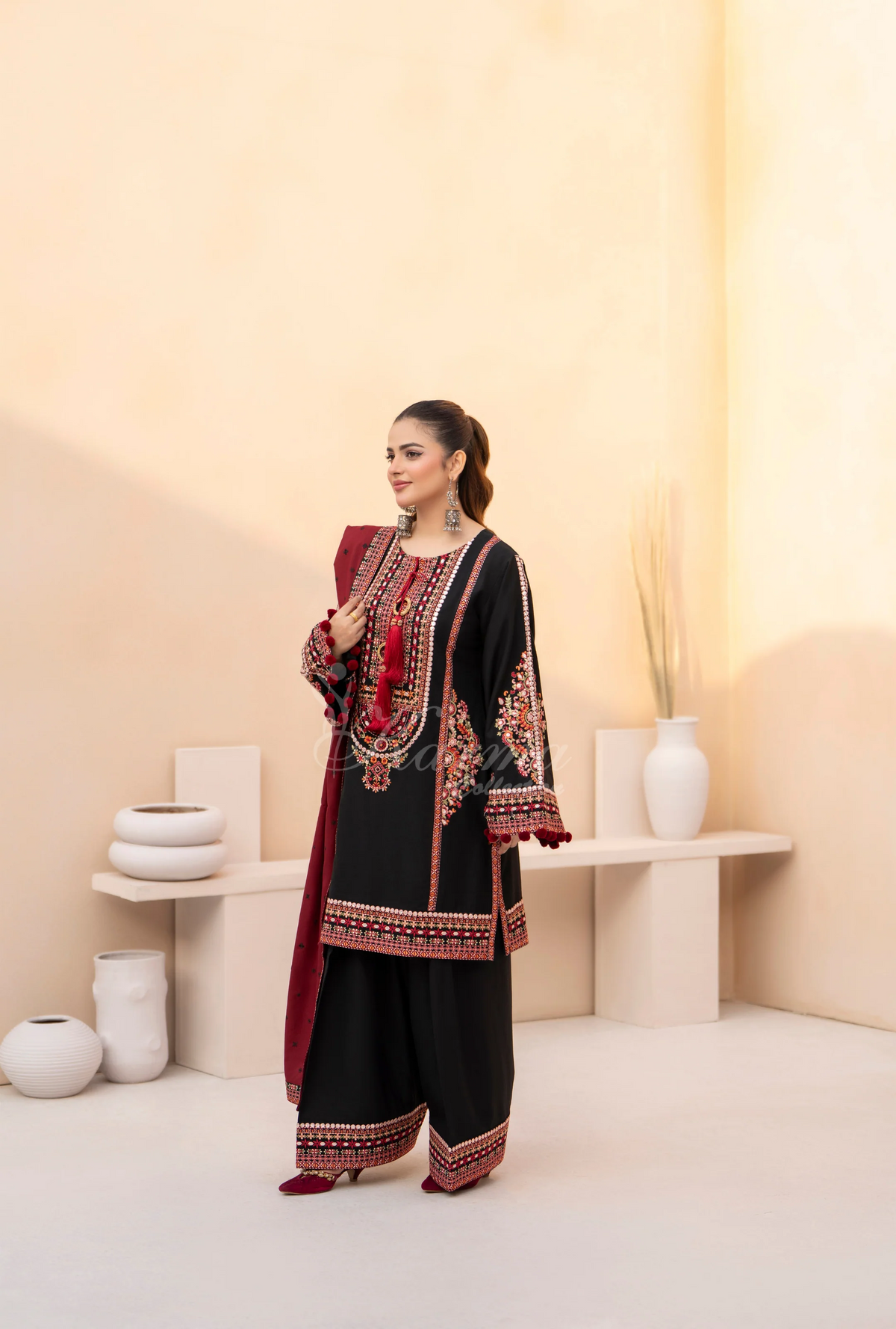 Winter Luxury 3 Piece Embroidered Mishaal Karma CollectionBLOODSTONE SKU:KC-1532
