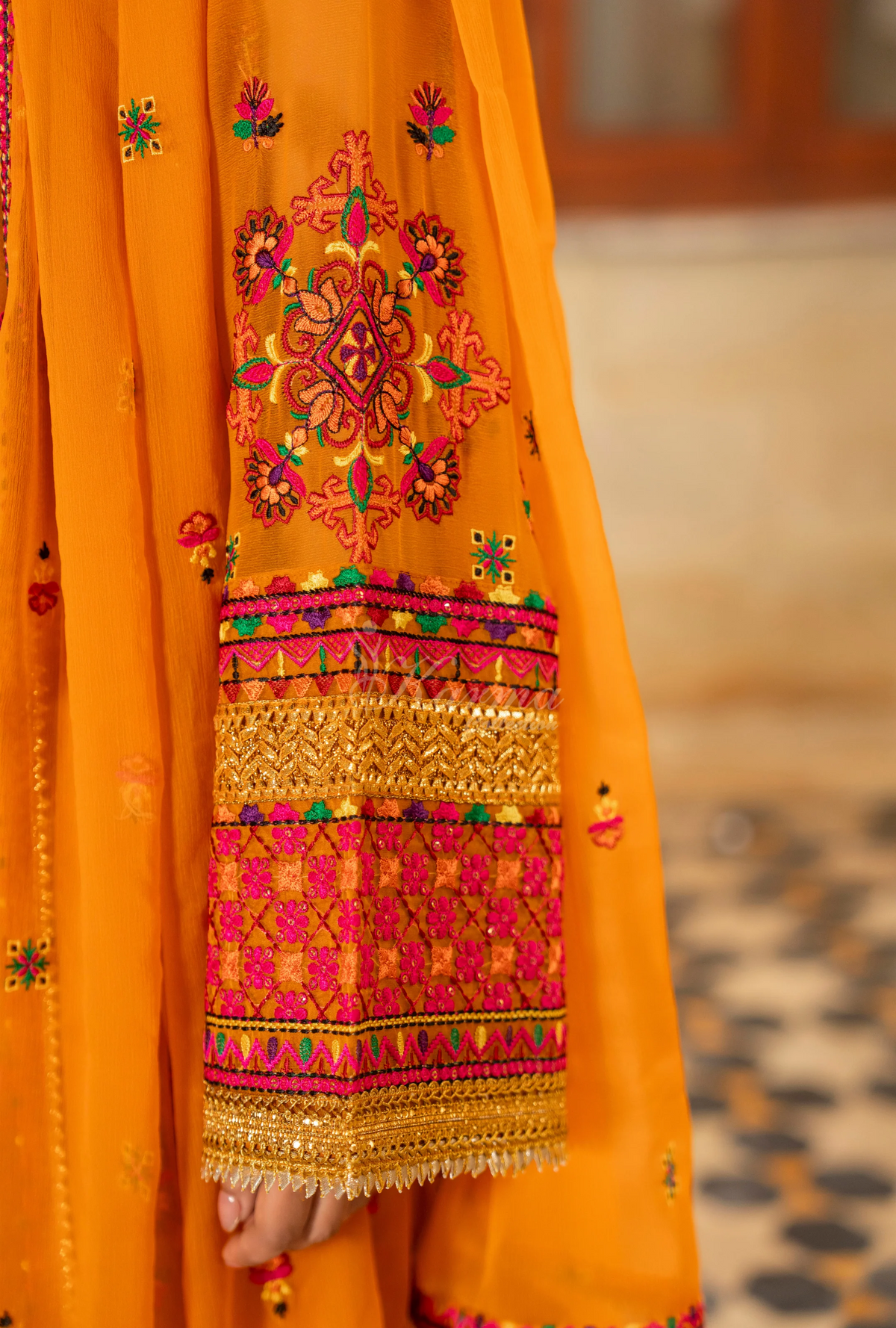 Chiffon 3 Piece Embroidered Hayat Karma Collection GOLDENROD F-492