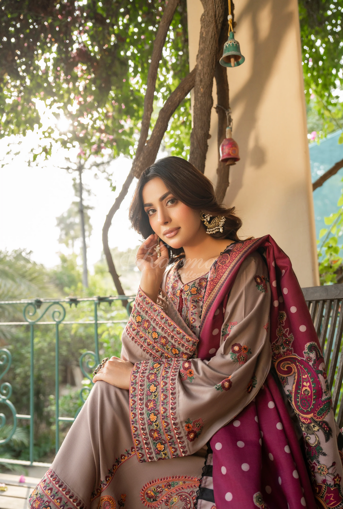 Karma Collection Winter Luxury Edition 3 Piece Embroidered Kotrai NUDE BROWN Shirt withDupatta & Shalwar for Elegant Outfits KC-1527