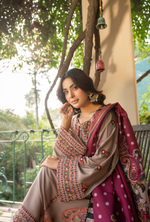 Karma Collection Winter Luxury Edition 3 Piece Embroidered Kotrai NUDE BROWN Shirt withDupatta & Shalwar for Elegant Outfits KC-1527