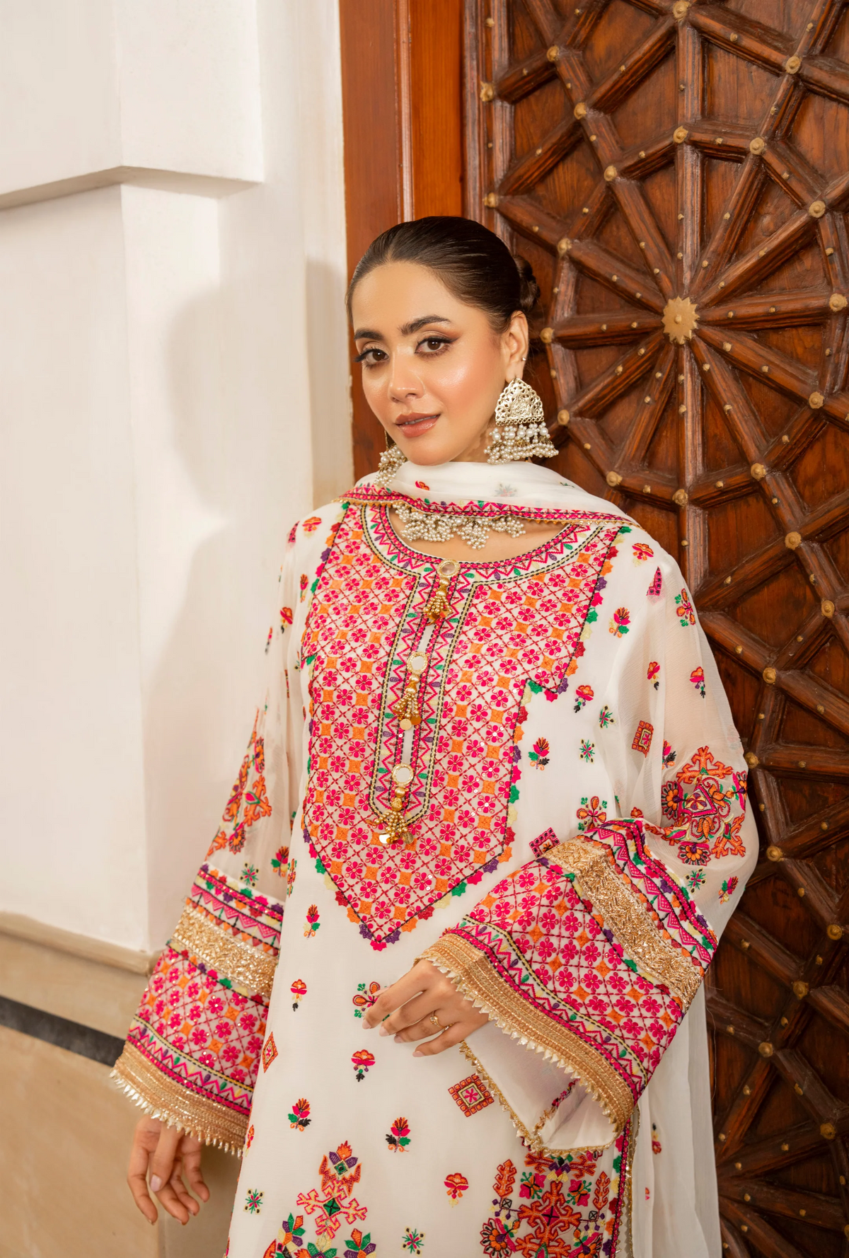 Chiffon 3 Piece Embroidered Hayat Karma Collection CHALK WHITE F-492