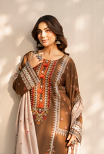 Karma Collection Winter Luxury Edition 3 Piece Embroidered Kotrai CAMEL Shirt withDupatta & Shalwar for Elegant Outfits KC-1522