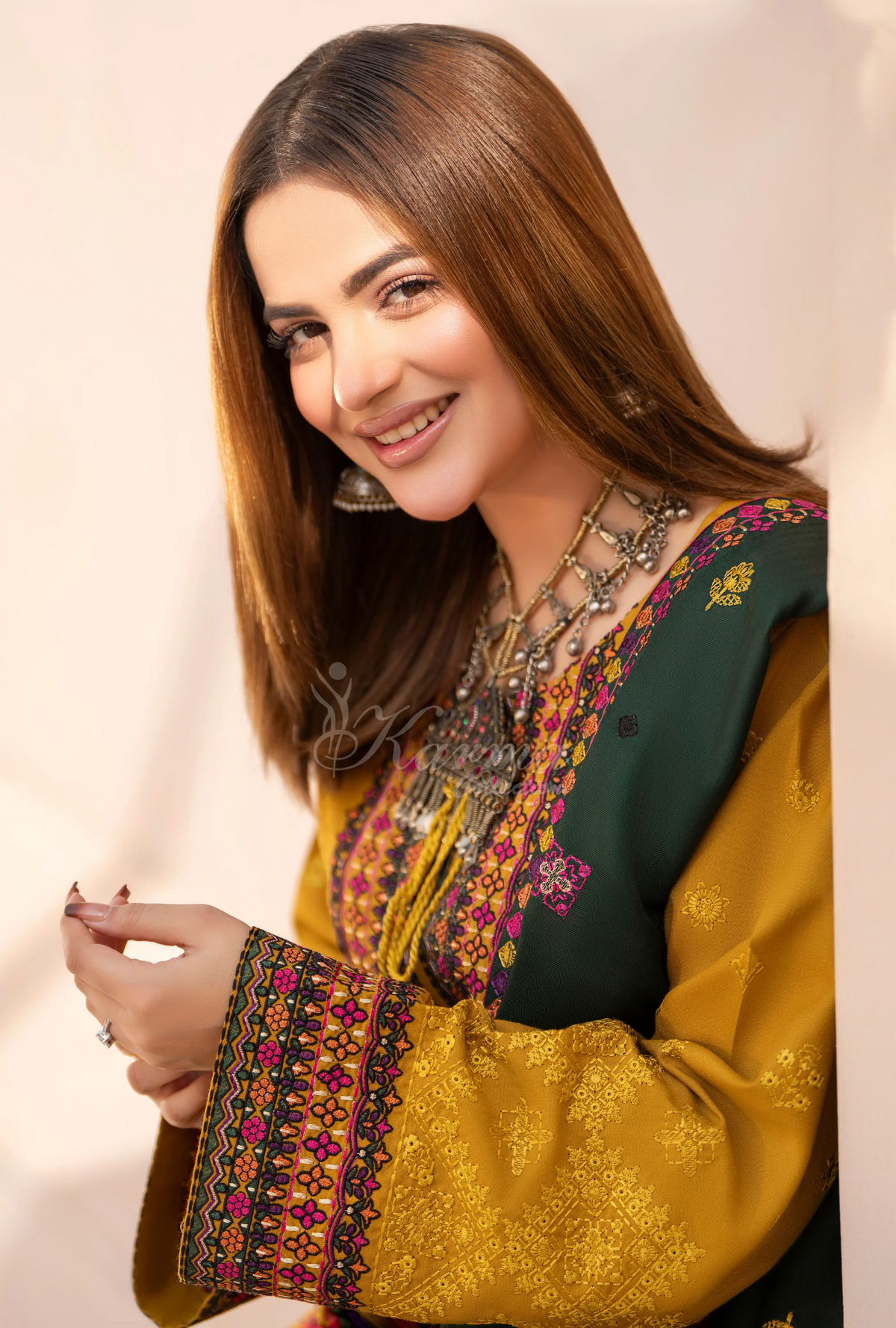 Winter Luxury 3 Piece Embroidered Mishaal Karma CollectionMUSTARD GOLD SKU:KC-1535