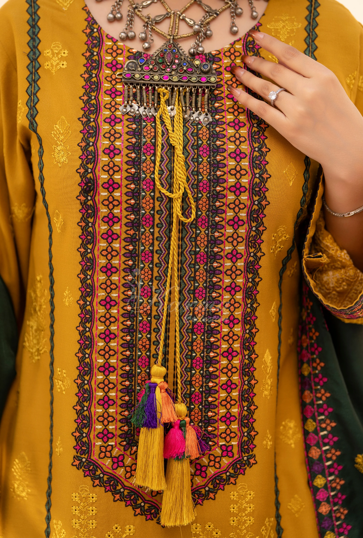 Winter Luxury 3 Piece Embroidered Mishaal Karma CollectionMUSTARD GOLD SKU:KC-1535