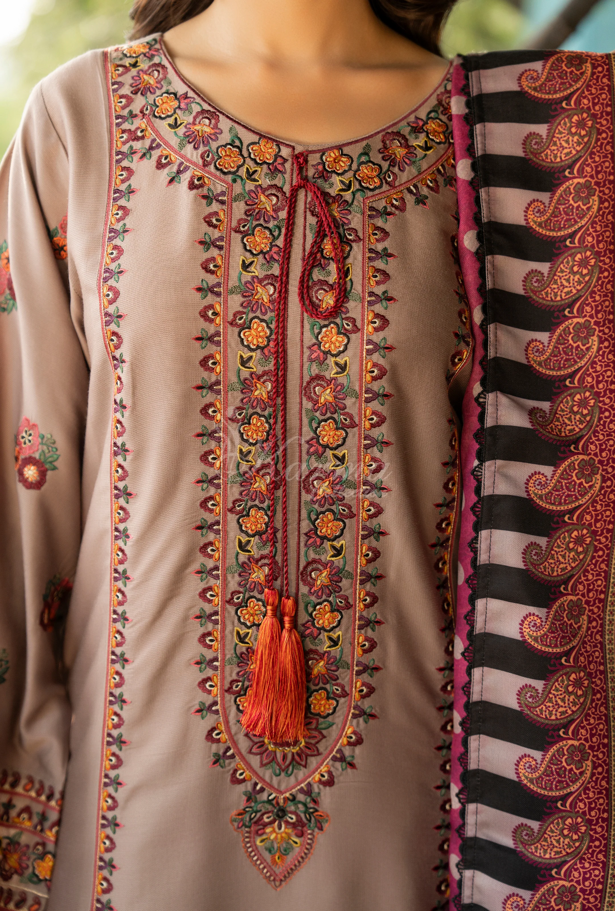 Karma Collection Winter Luxury Edition 3 Piece Embroidered Kotrai NUDE BROWN Shirt withDupatta & Shalwar for Elegant Outfits KC-1527