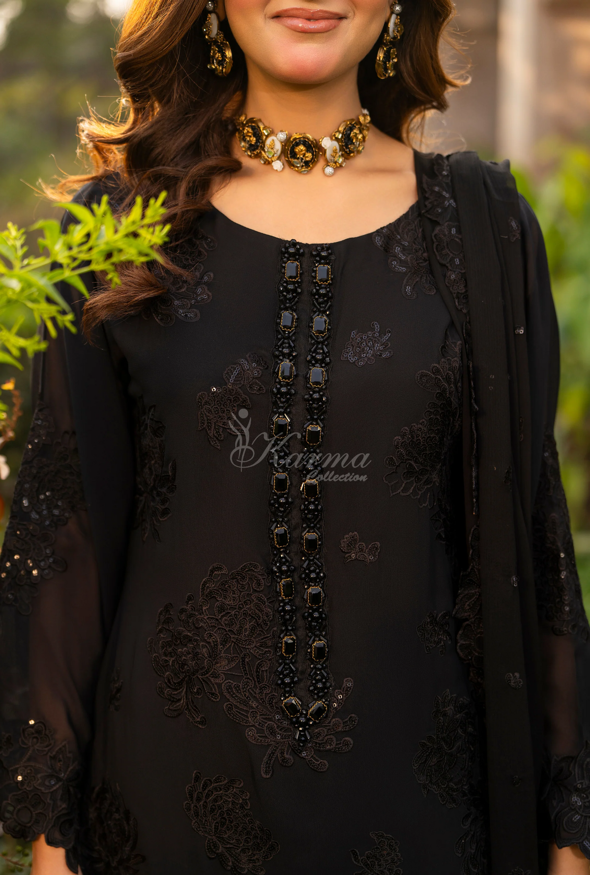 Chiffon 3 Piece Embroidered Hayat Karma Collection DARK RAVEN F-497