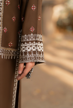 Karma Collection Winter Luxury Edition 3 Piece Embroidered Kotrai CAMEL Shirt withDupatta & Shalwar for Elegant Outfits KC-1522