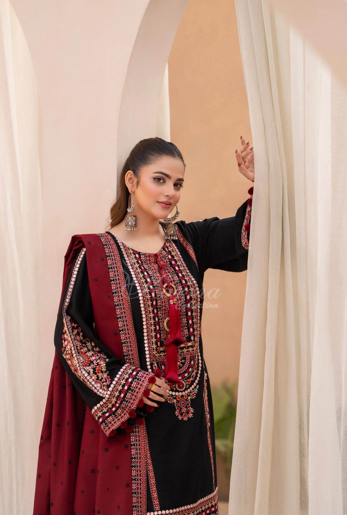 Winter Luxury 3 Piece Embroidered Mishaal Karma CollectionBLOODSTONE SKU:KC-1532