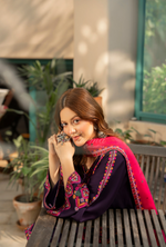 Karma Collection Winter Luxury Edition 3 Piece Embroidered Kotrai MAGENTA Shirt withDupatta & Shalwar for Elegant Outfits KC-1528