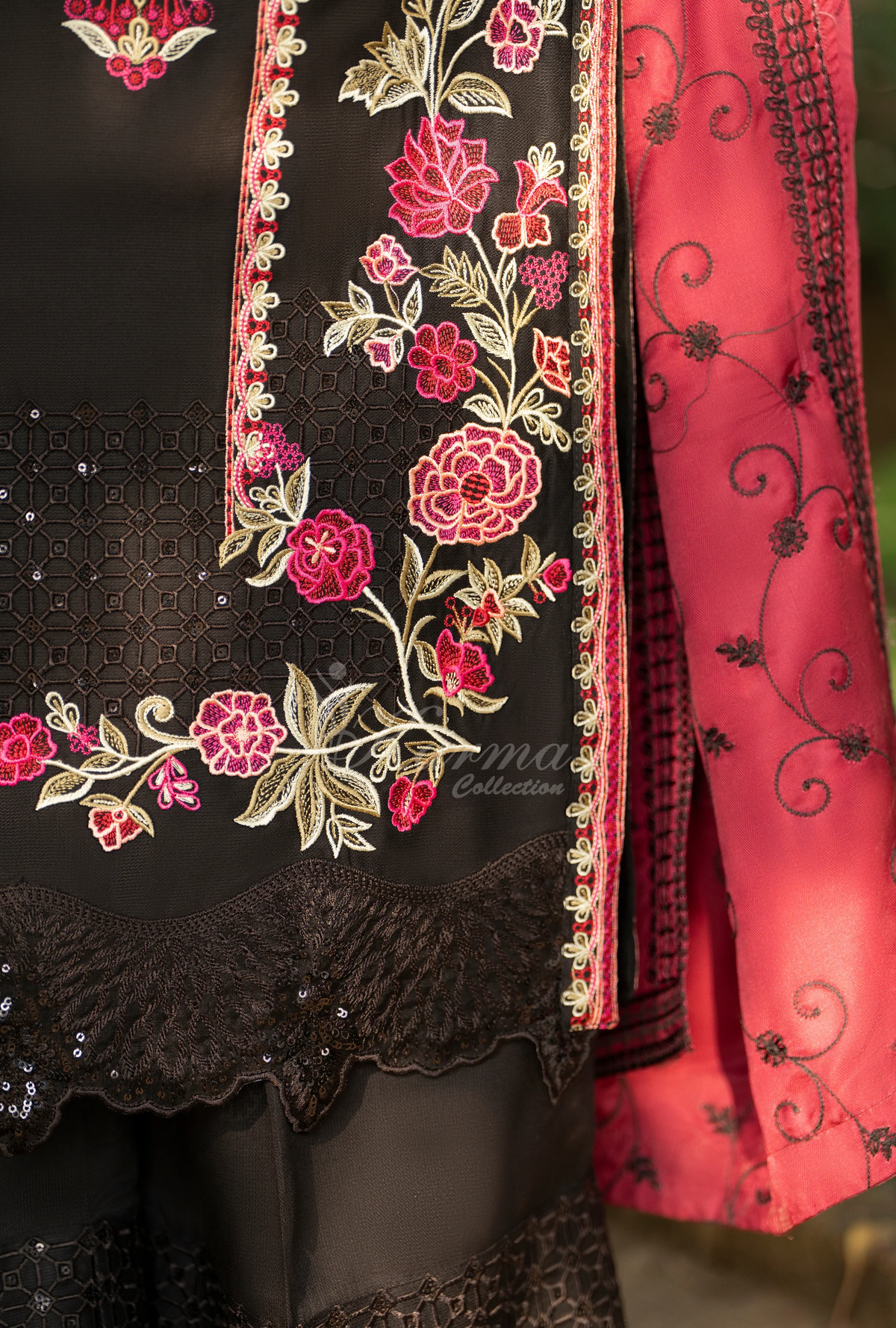 Karma Collection Winter Luxury Edition 3 Piece Embroidered Kotrai BLACK CHERRY Shirt withDupatta & Shalwar for Elegant Outfits KC-1529