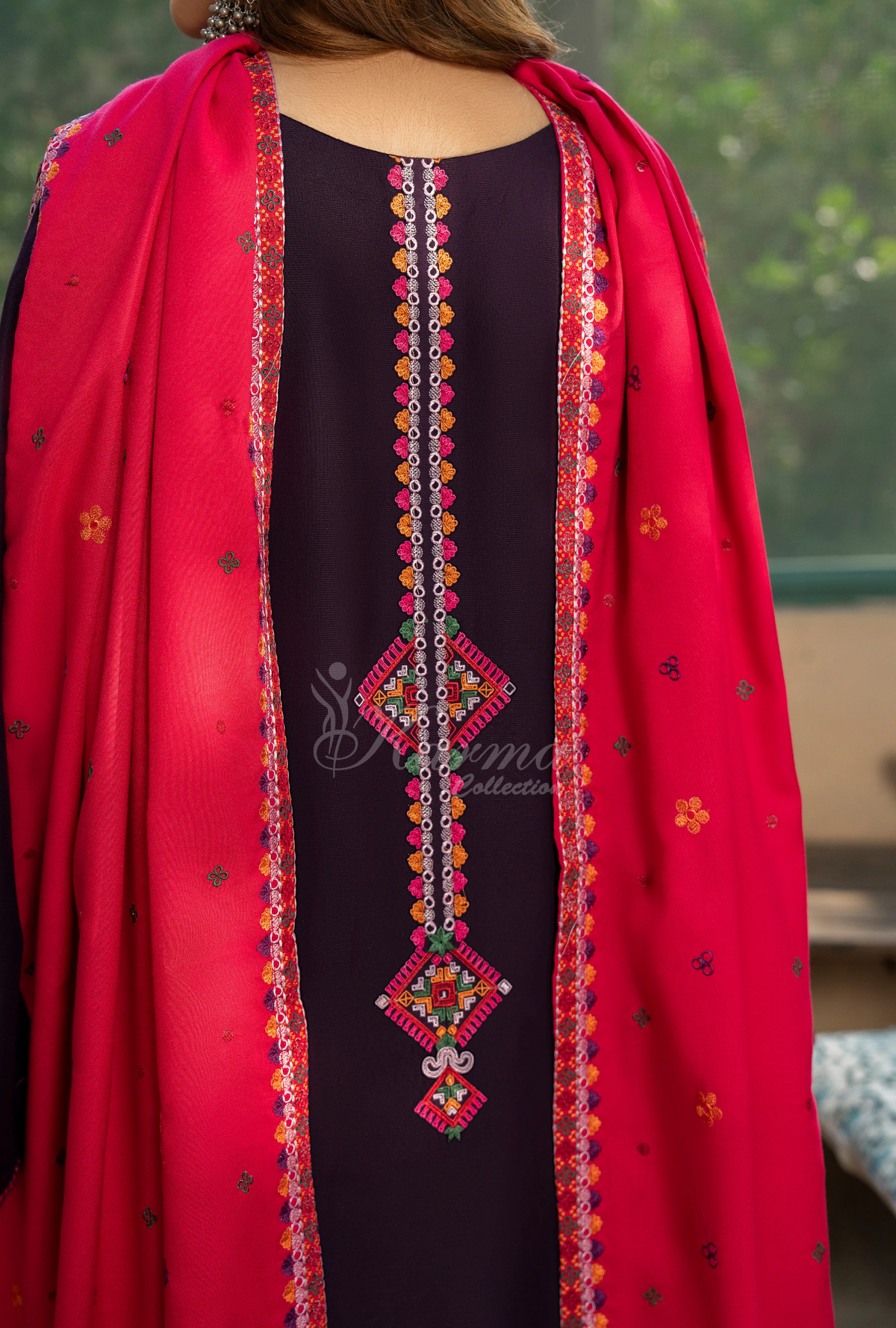 Karma Collection Winter Luxury Edition 3 Piece Embroidered Kotrai MAGENTA Shirt withDupatta & Shalwar for Elegant Outfits KC-1528