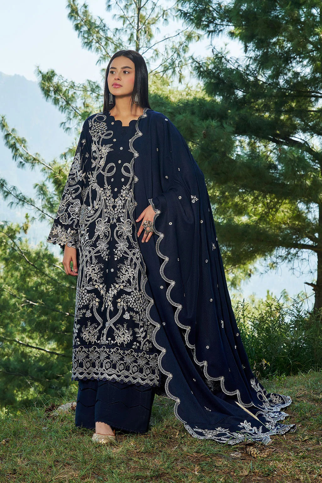 Reet By Ramsha - Three piece embroidered karandi suits with embroidered karandi shawls stitched & embellished | Original Ramsha Karandi Collection 2025 | R-1