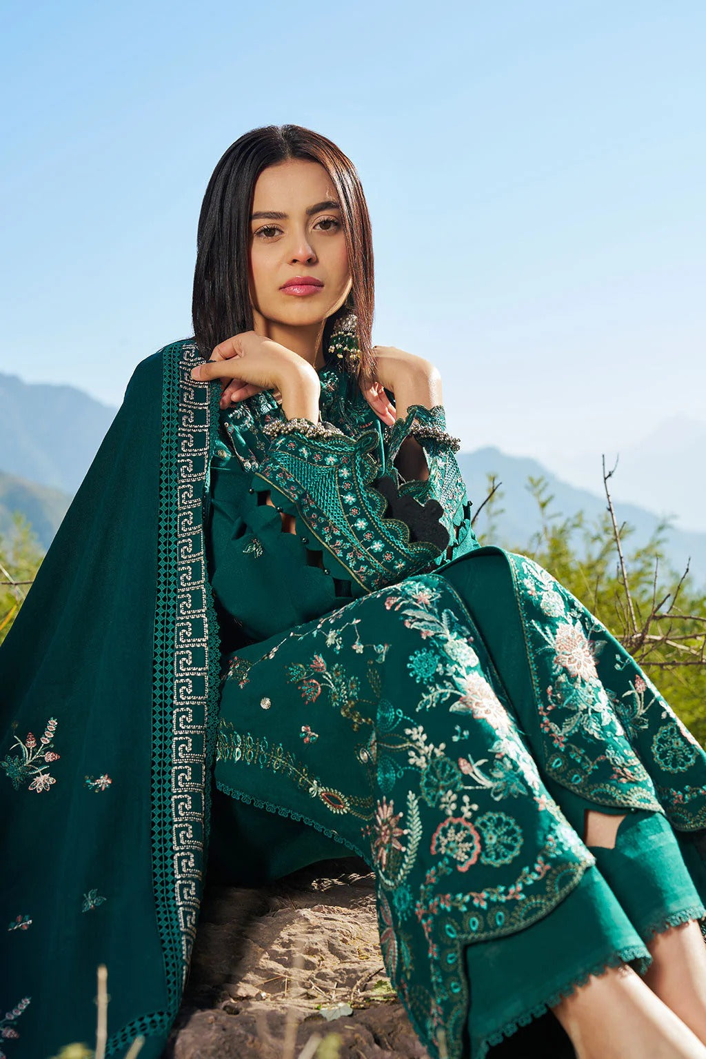 Reet By Ramsha - Three piece embroidered karandi suits with embroidered karandi shawls stitched & embellished | Original Ramsha Karandi Collection 2025 | R-1303