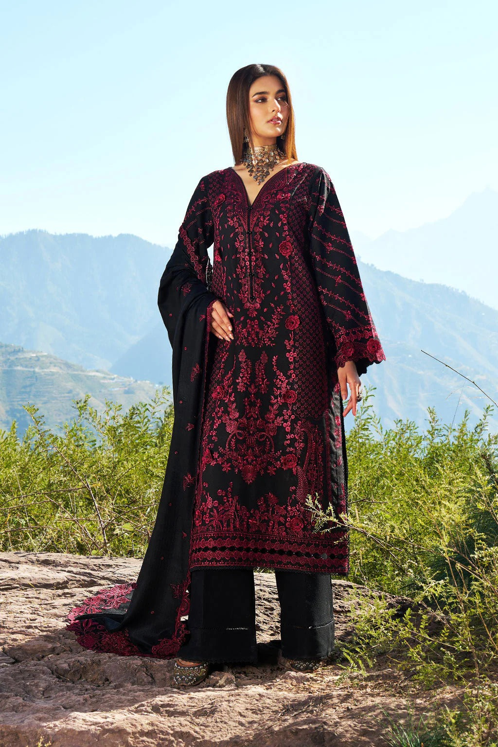 Reet By Ramsha - Three piece embroidered karandi suits with embroidered karandi shawls stitched & embellished | Original Ramsha Karandi Collection 2025 | R-1304