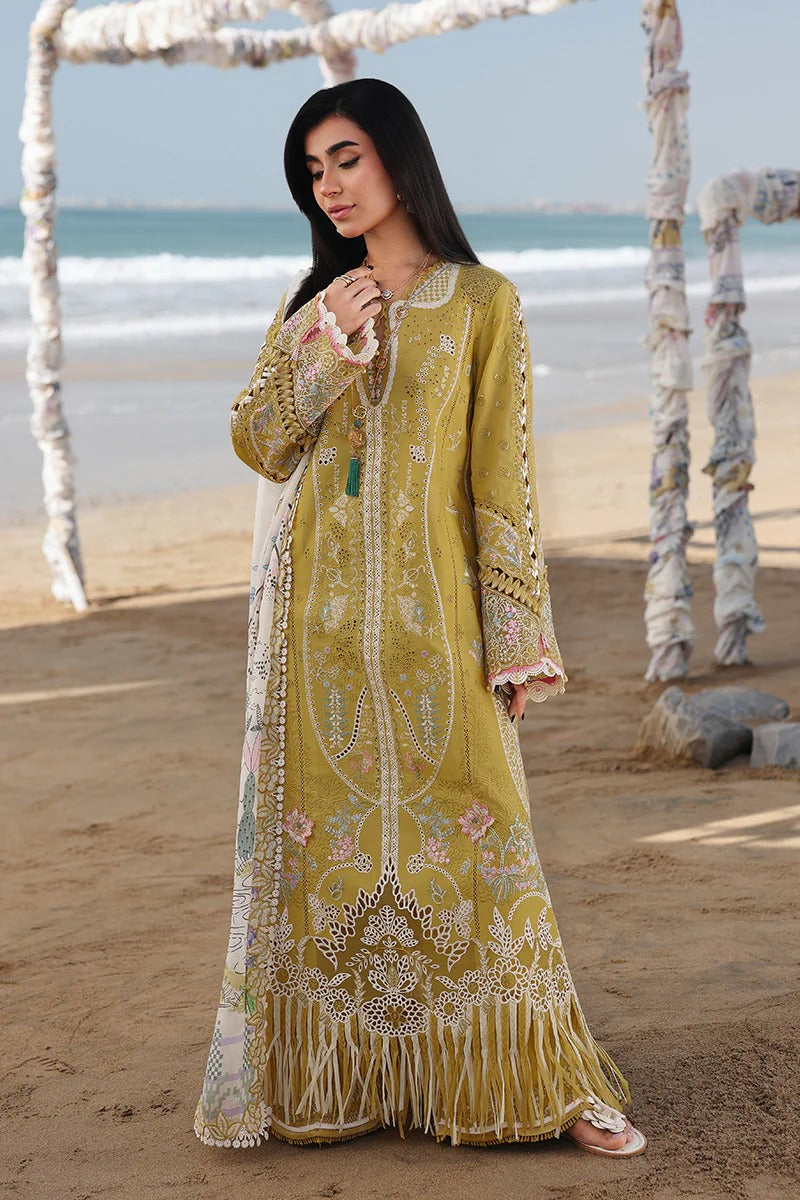 Qalamkar SA-07 Hira mustard lawn stitched 3 piece suit full front view on beach