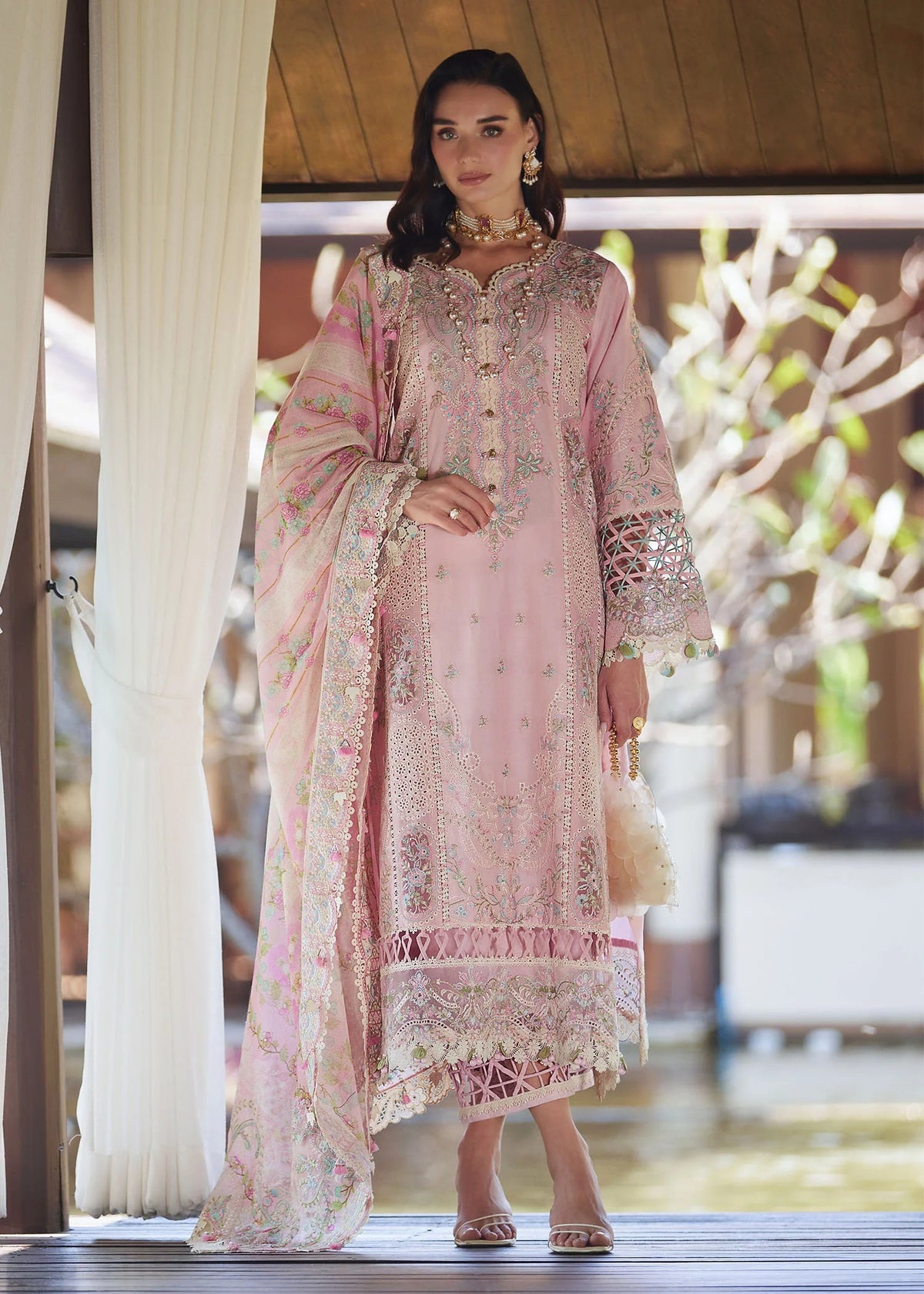 Kanwal Malik Vivian powder pink stitched embroidered lawn suit front view
