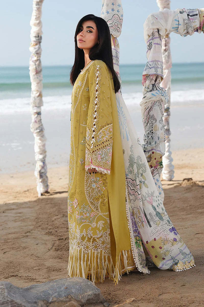 Qalamkar SA-07 Hira mustard lawn suit full length walking pose outdoor