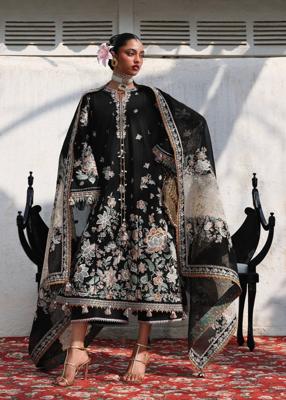 Pakistani designer Hussain Rehar Sable black stitched suit full look with embroidered dupatta