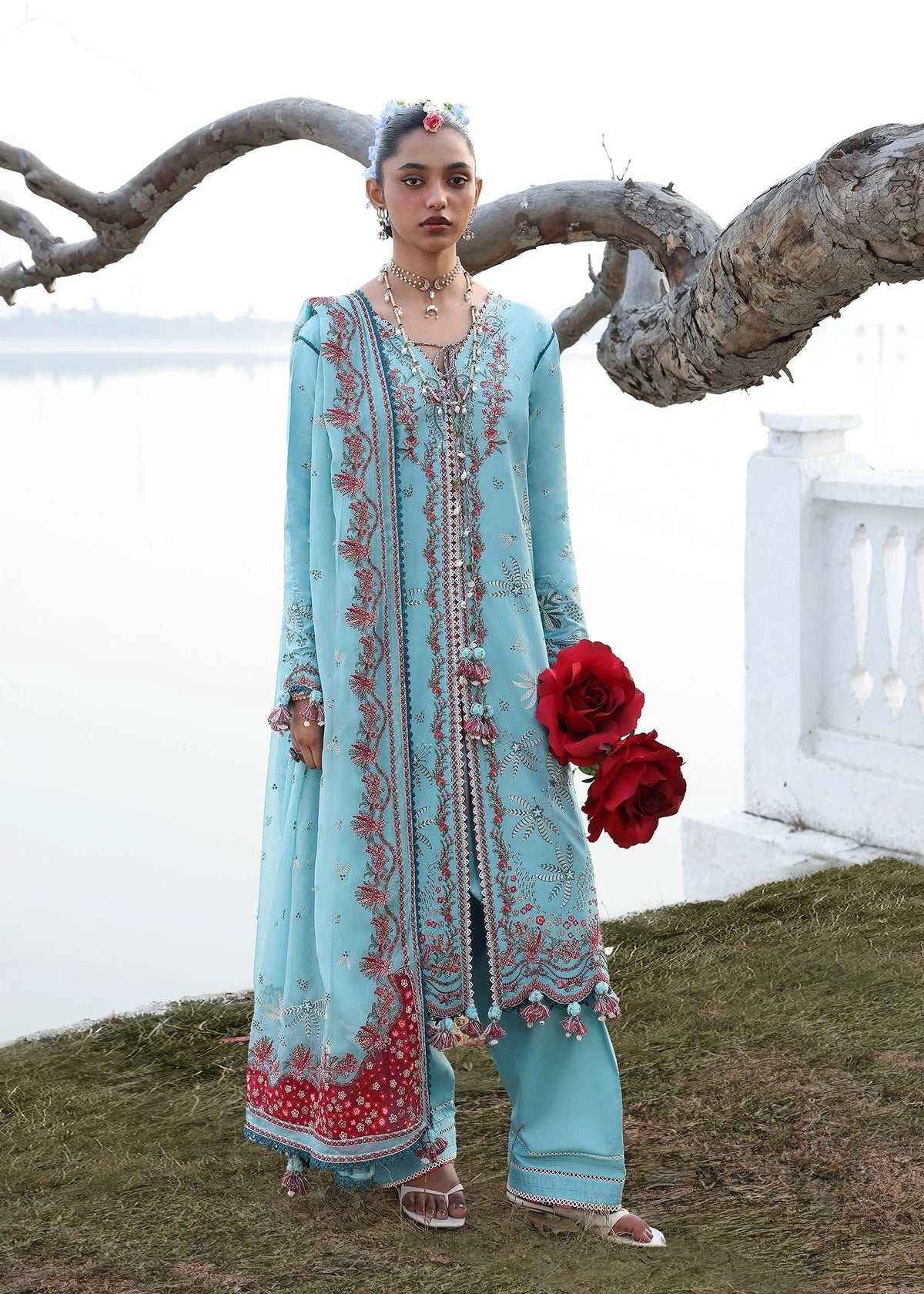 Hussain Rehar Sepher sky blue stitched luxury lawn suit with embroidered chiffon dupatta