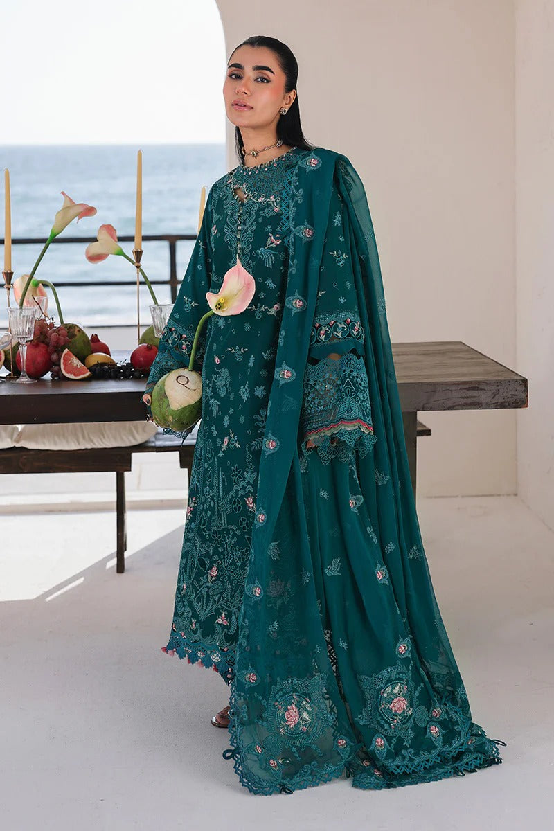 Qalamkar SA-04 Elif full length stitched 3 piece suit teal green front view UK