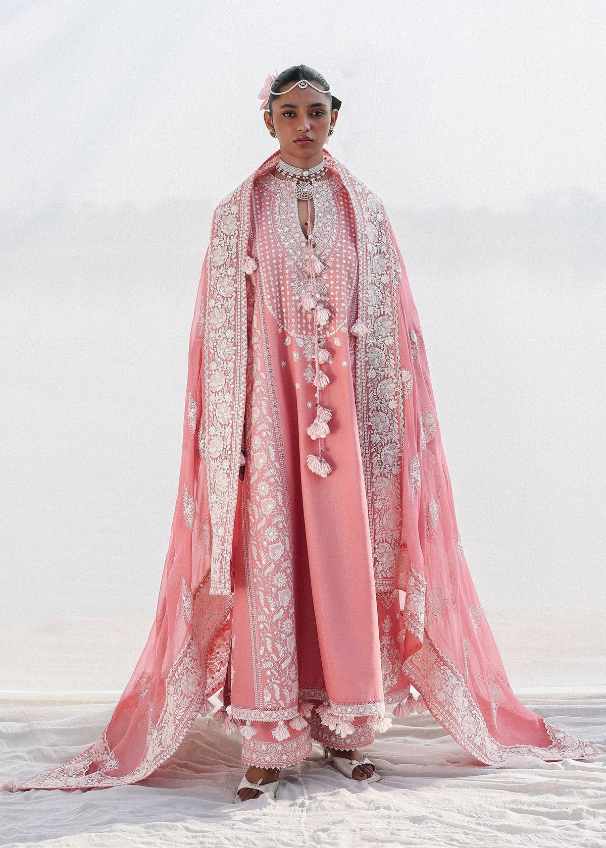 Hussain Rehar Sorti light pink stitched luxury lawn suit with embroidered chiffon dupatta