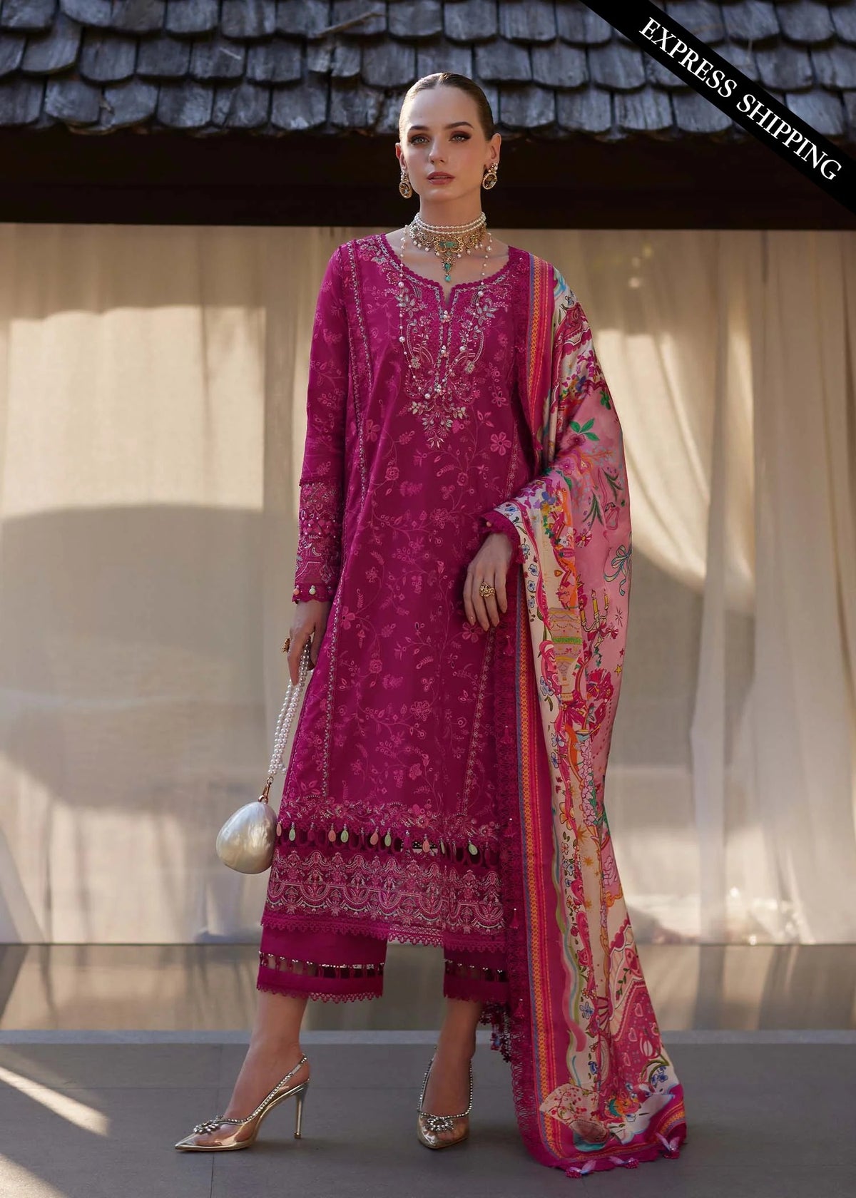 Kanwal Malik Avelyn Ariya Luxury Lawn 2026 stitched magenta embroidered suit front view