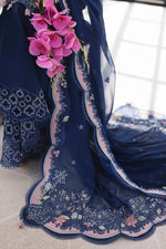 Qalamkar SA-16 Esma navy blue suit close up with embroidered dupatta