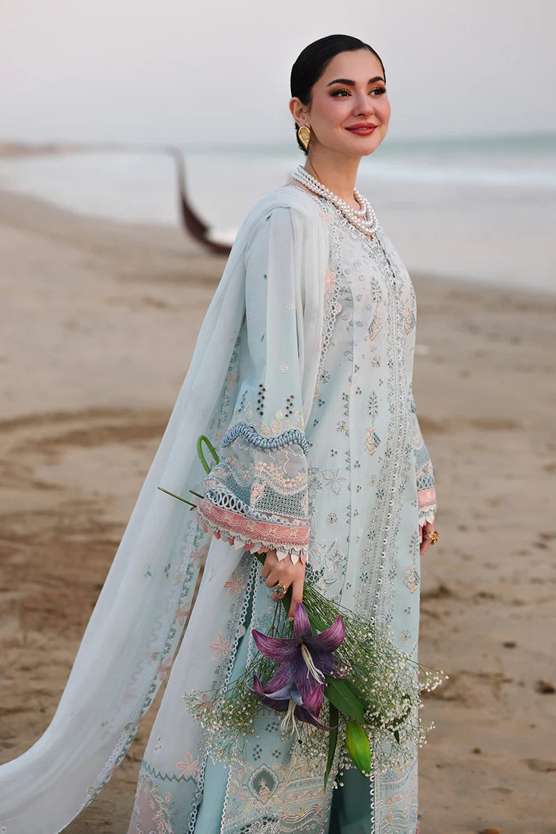 Qalamkar SA-05 Ayra powder blue stitched suit side pose with dupatta
