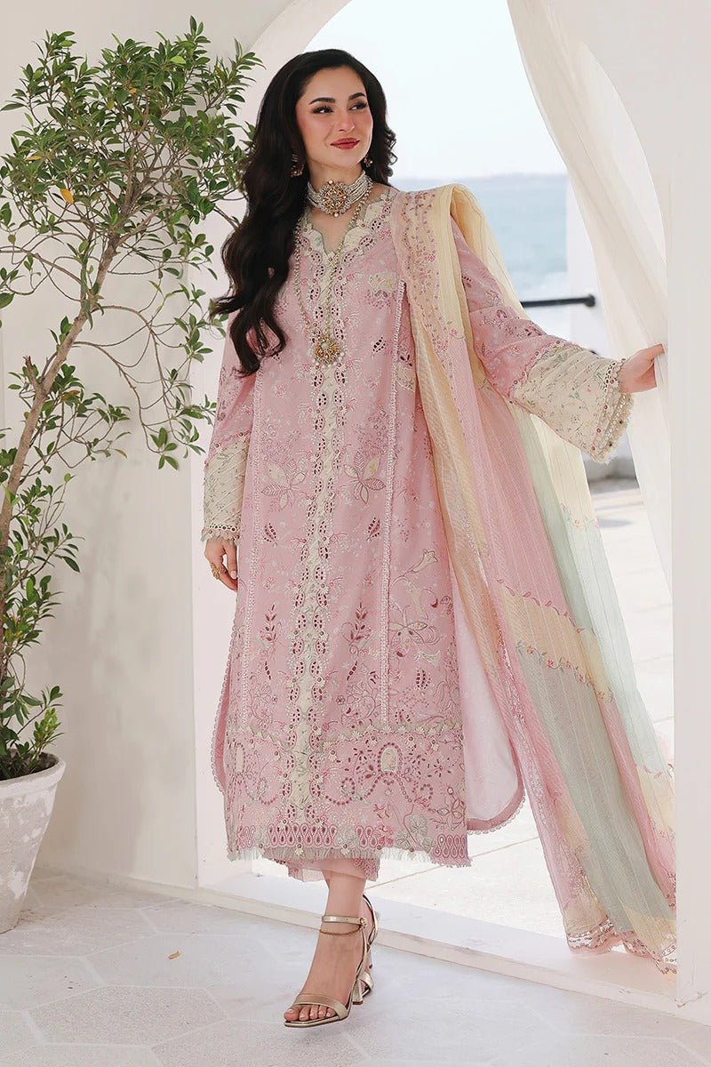 Qalamkar SA-09 Haniya full length stitched 3 piece suit blush pink front view UK