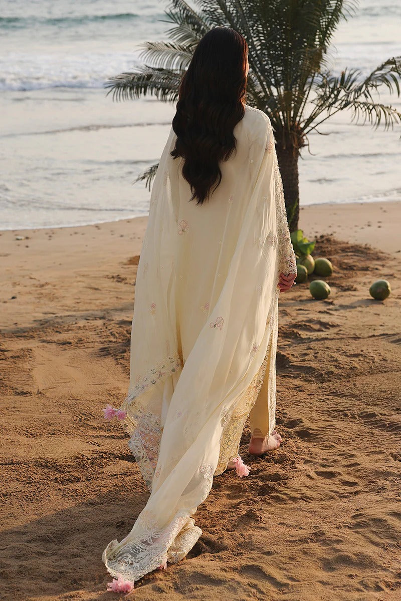 Qalamkar SA-03 Safa stitched 3 piece suit butter yellow fabric and embroidery detail UK