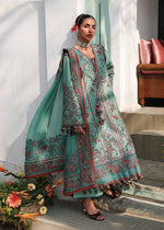 Hussain Rehar Verdant stitched luxury lawn suit aqua green with embroidered floral design and chiffon dupatta