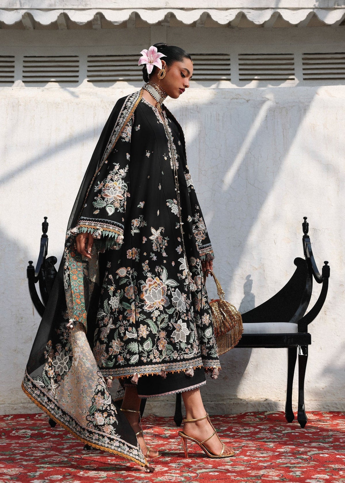 Hussain Rehar Sable black stitched luxury lawn suit with embroidered organza dupatta front view