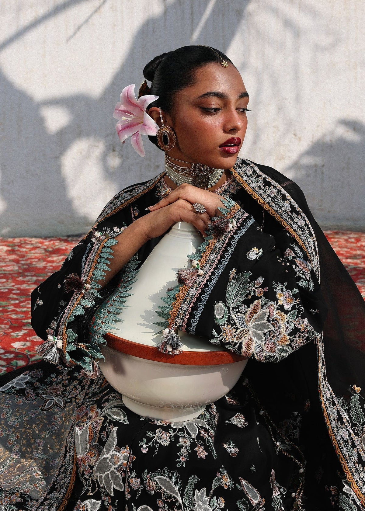Hussain Rehar Sable black designer lawn outfit detailed embroidery side pose UK