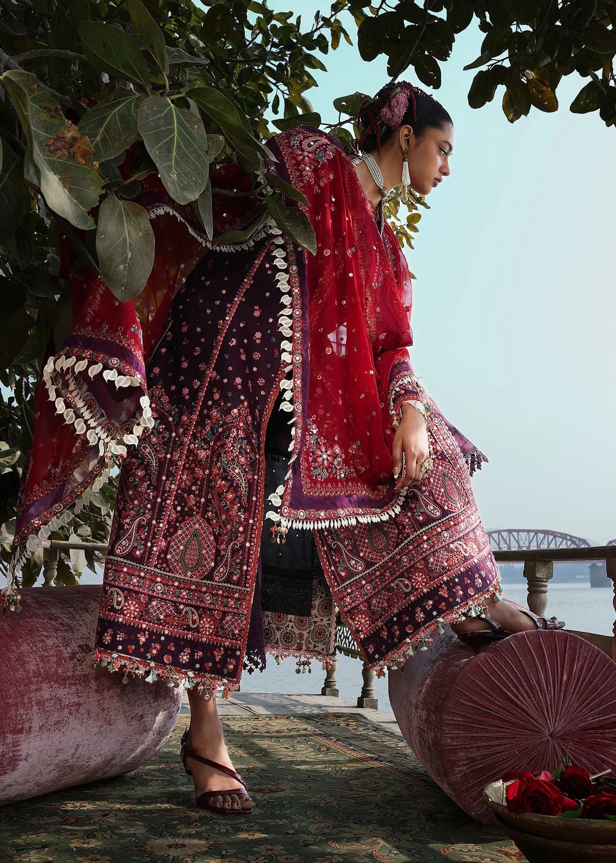 Hussain Rehar Nihdi purple designer lawn outfit embroidery detail UK