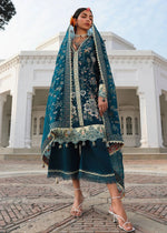 Hussain Rehar Azraq teal stitched luxury lawn suit with embroidered organza dupatta