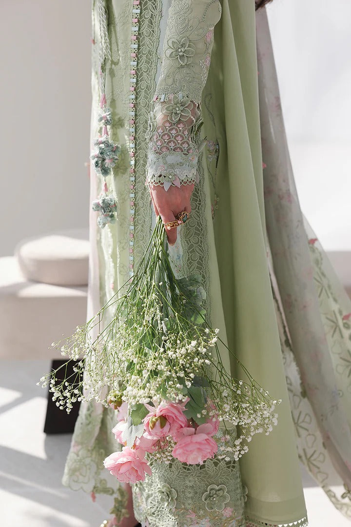 Qalamkar SA-12 Jiya lawn suit embroidered dupatta detail light green Pakistani dress UK