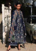 Hussain Rehar Amalfi navy blue stitched luxury lawn suit with embroidered chiffon dupatta