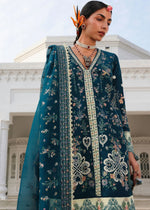 Hussain Rehar Azraq teal designer lawn outfit embroidery detail UK