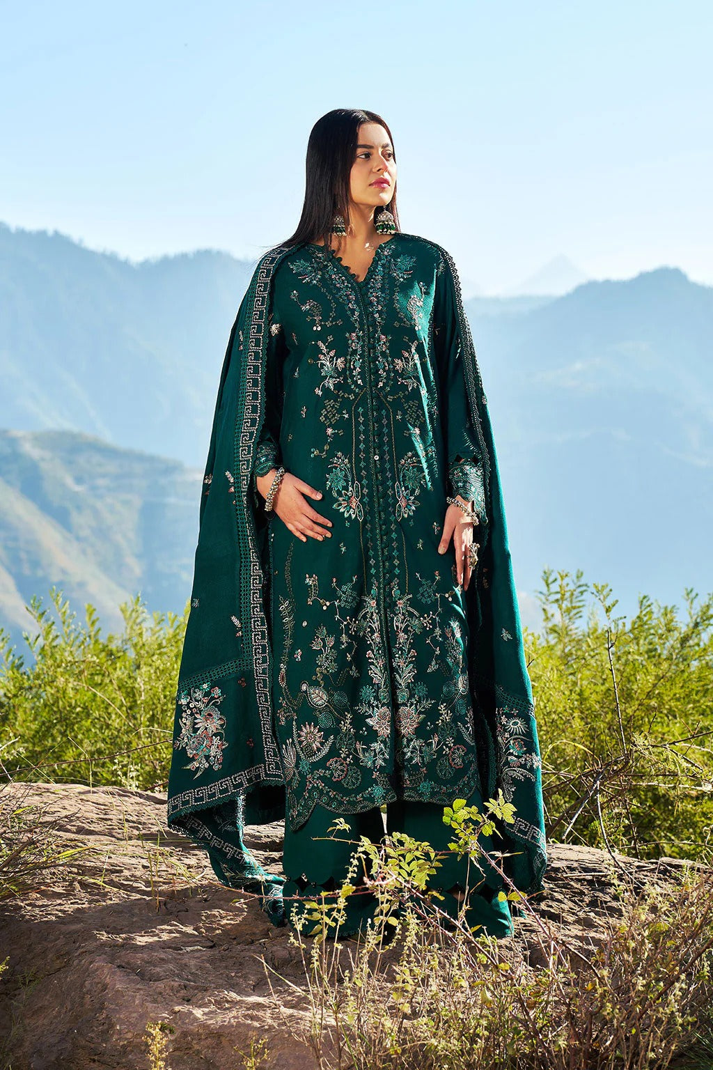 Reet By Ramsha - Three piece embroidered karandi suits with embroidered karandi shawls stitched & embellished | Original Ramsha Karandi Collection 2025 | R-1303