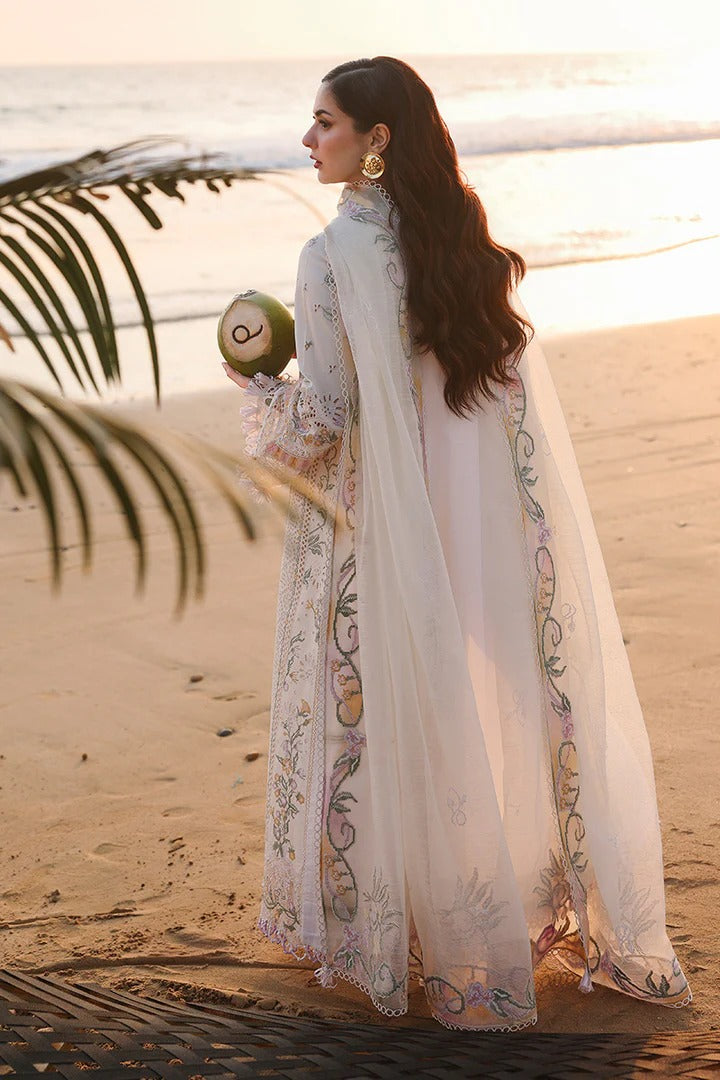 Qalamkar SA-10 Ilara embroidered lawn suit dupatta detail ivory Pakistani dress UK