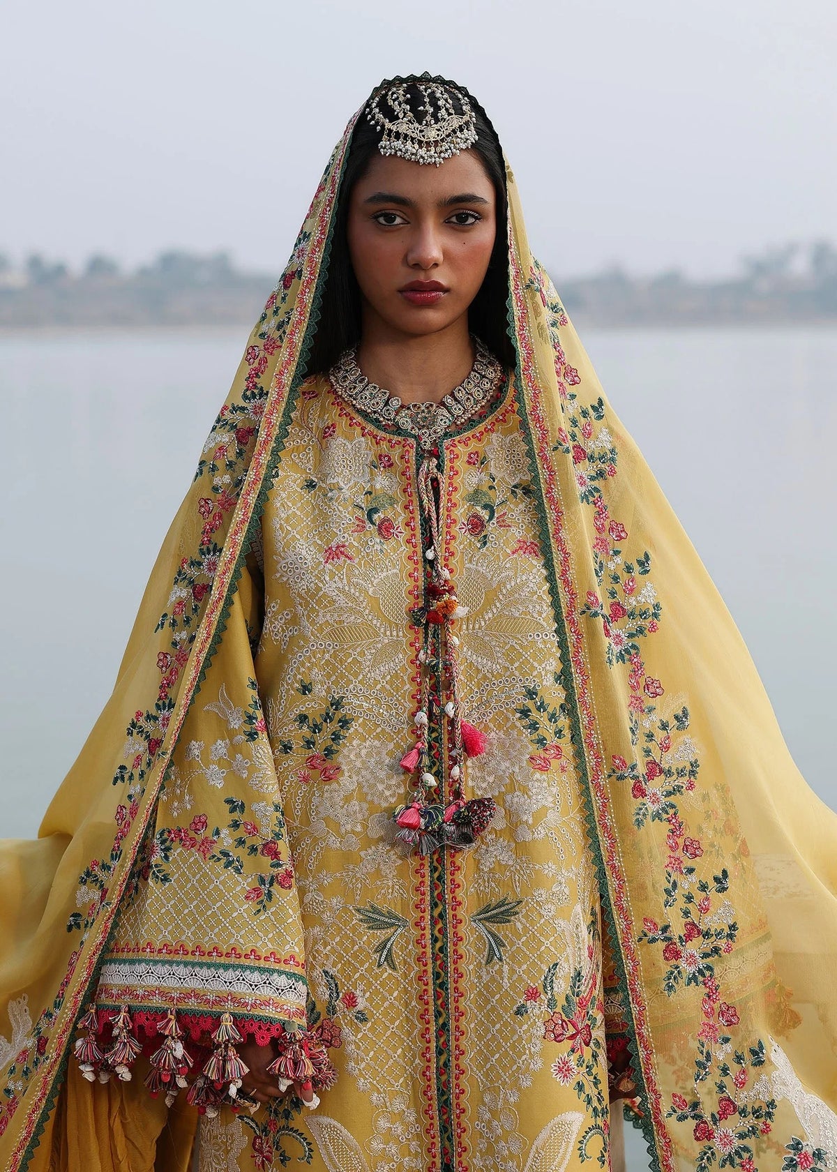 Hussain Rehar Ochre mustard designer lawn outfit embroidery detail UK