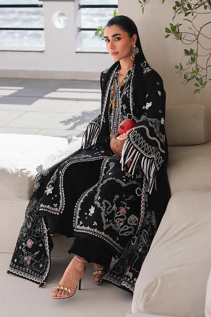 Qalamkar SA-02 Liana black dress side pose with embroidered dupatta