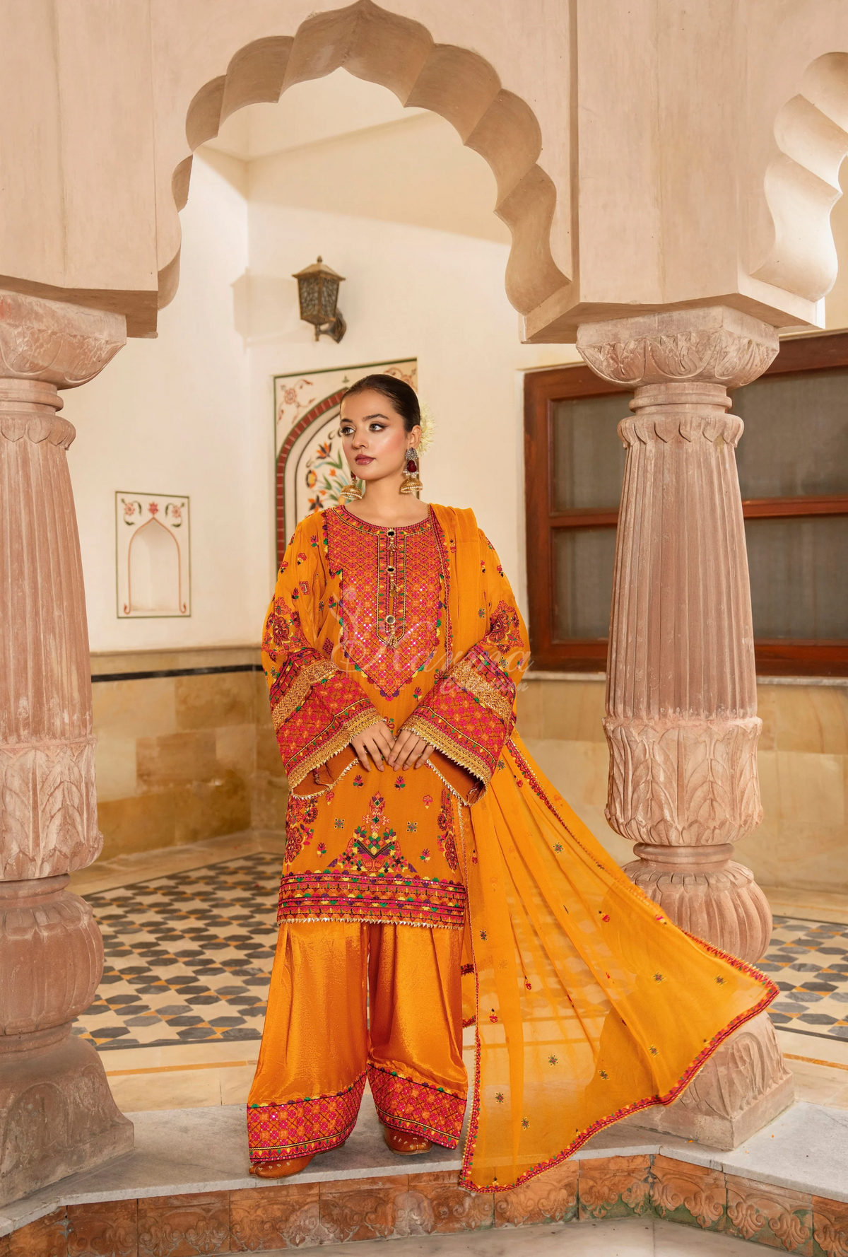 Chiffon 3 Piece Embroidered Hayat Karma Collection GOLDENROD F-492