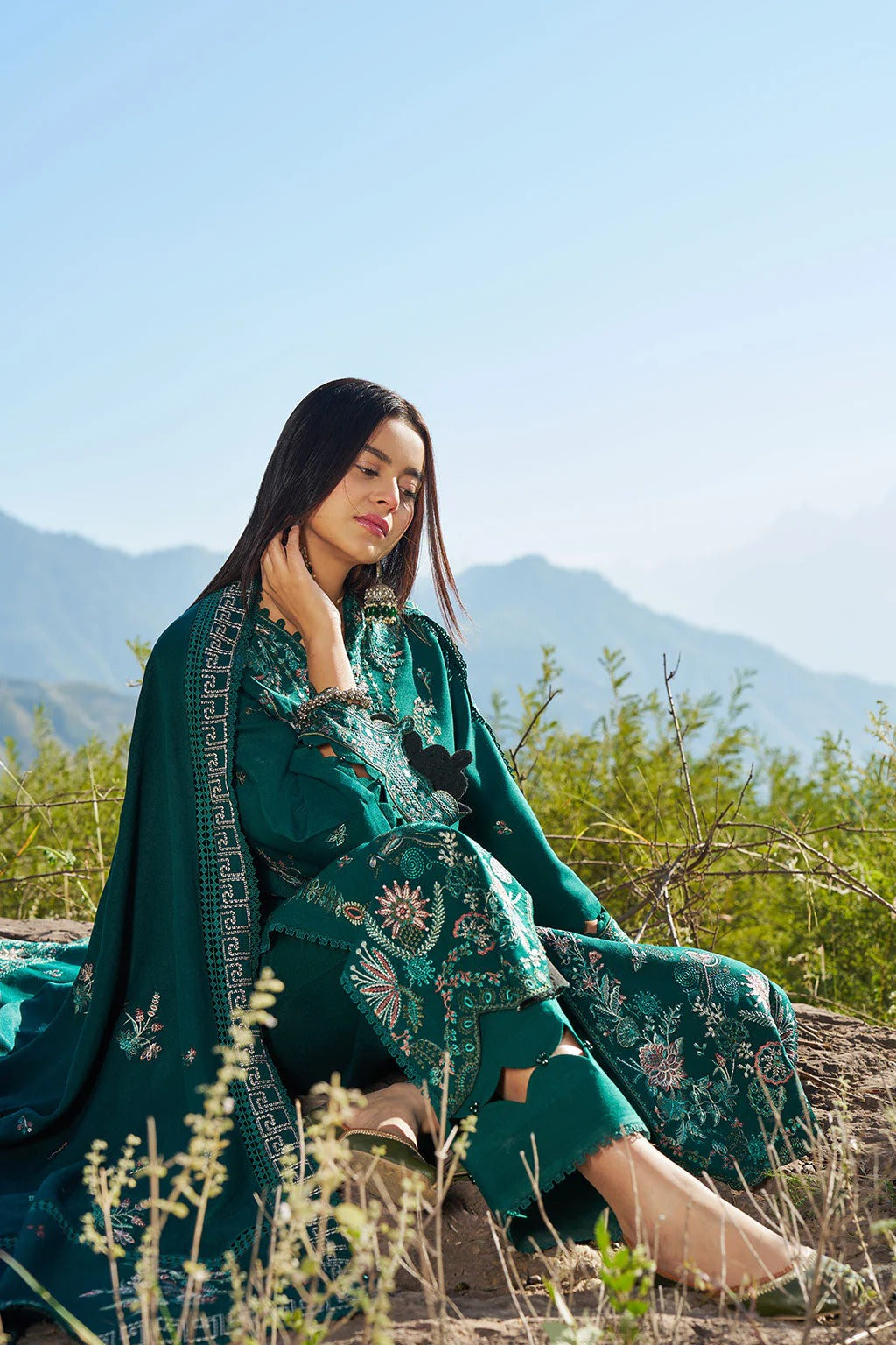 Reet By Ramsha - Three piece embroidered karandi suits with embroidered karandi shawls stitched & embellished | Original Ramsha Karandi Collection 2025 | R-1303