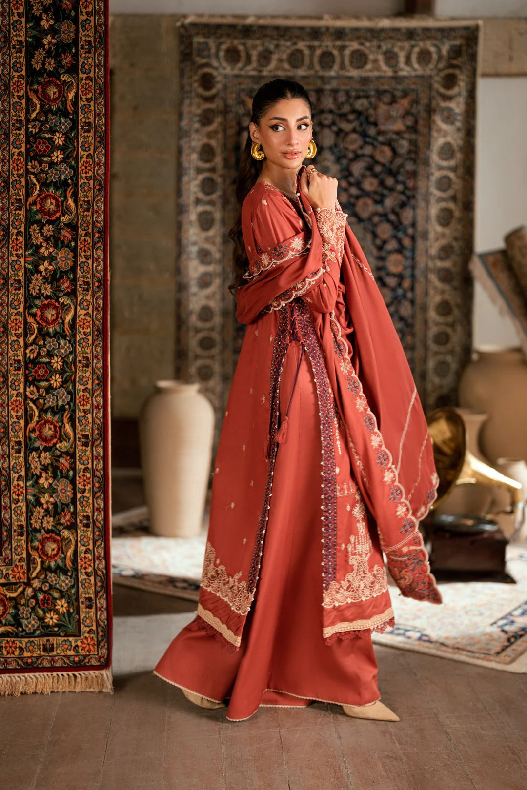 Florent shades-of-winter 3 piece stitched suit Embroidered Shirt With Embroidered Shawl FWS - 2A