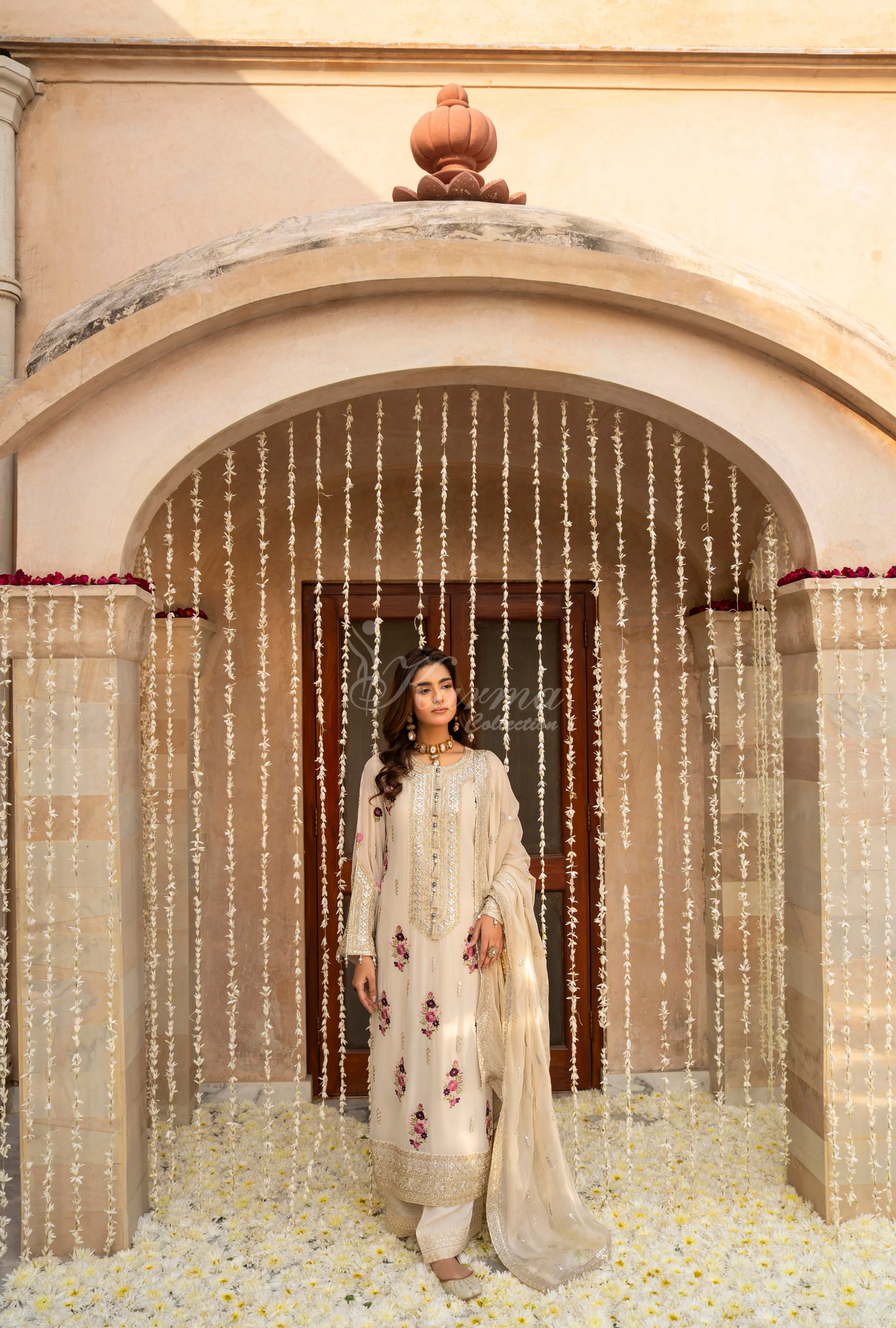 Chiffon 3 Piece Embroidered Hayat Karma Collection WARM IVORY F-496