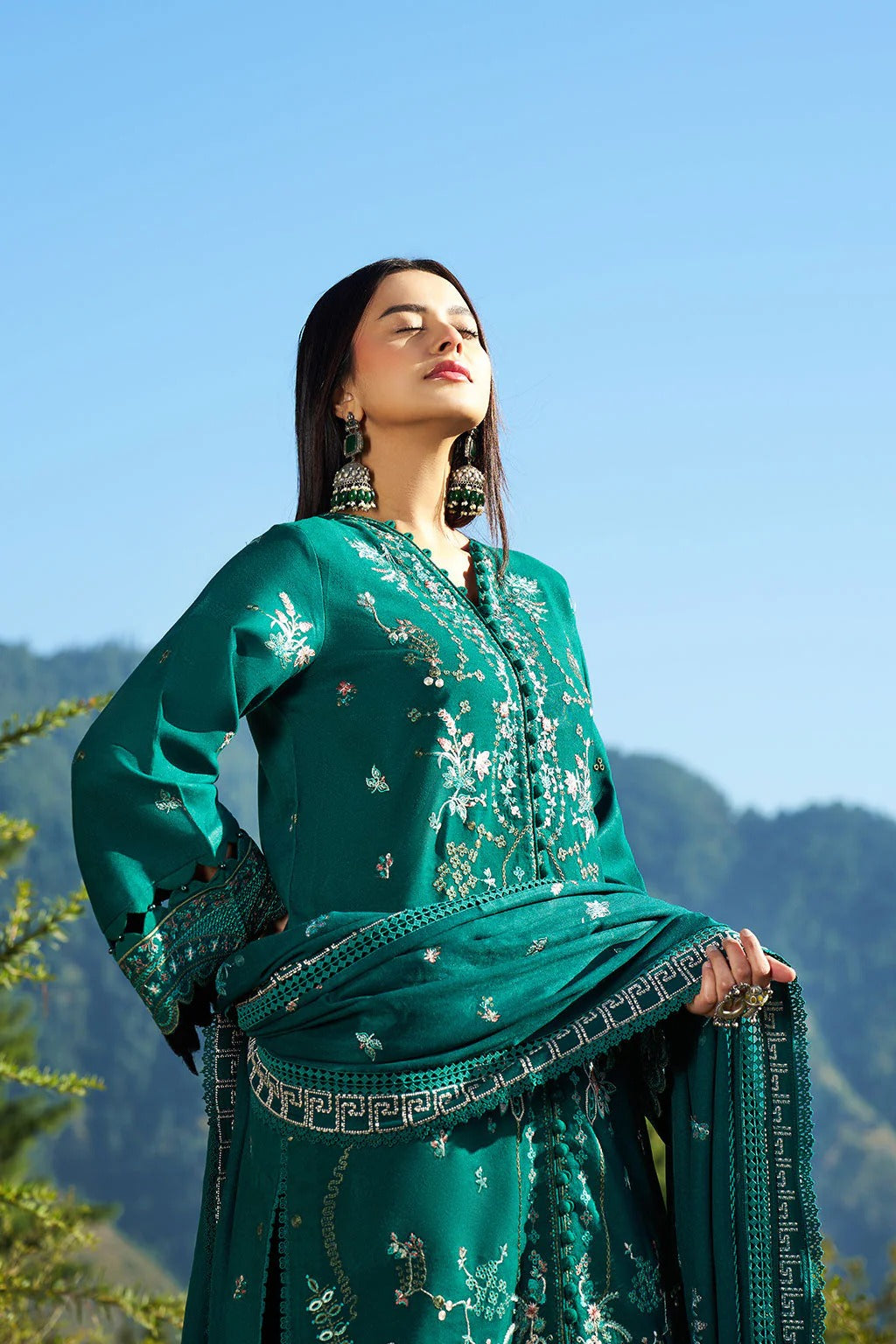 Reet By Ramsha - Three piece embroidered karandi suits with embroidered karandi shawls stitched & embellished | Original Ramsha Karandi Collection 2025 | R-1303