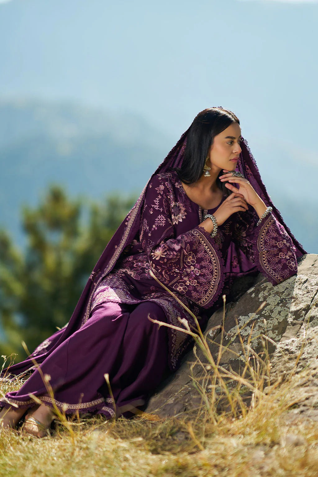 Reet By Ramsha - Three piece embroidered karandi suits with embroidered karandi shawls stitched & embellished | Original Ramsha Karandi Collection 2025 | R-1307